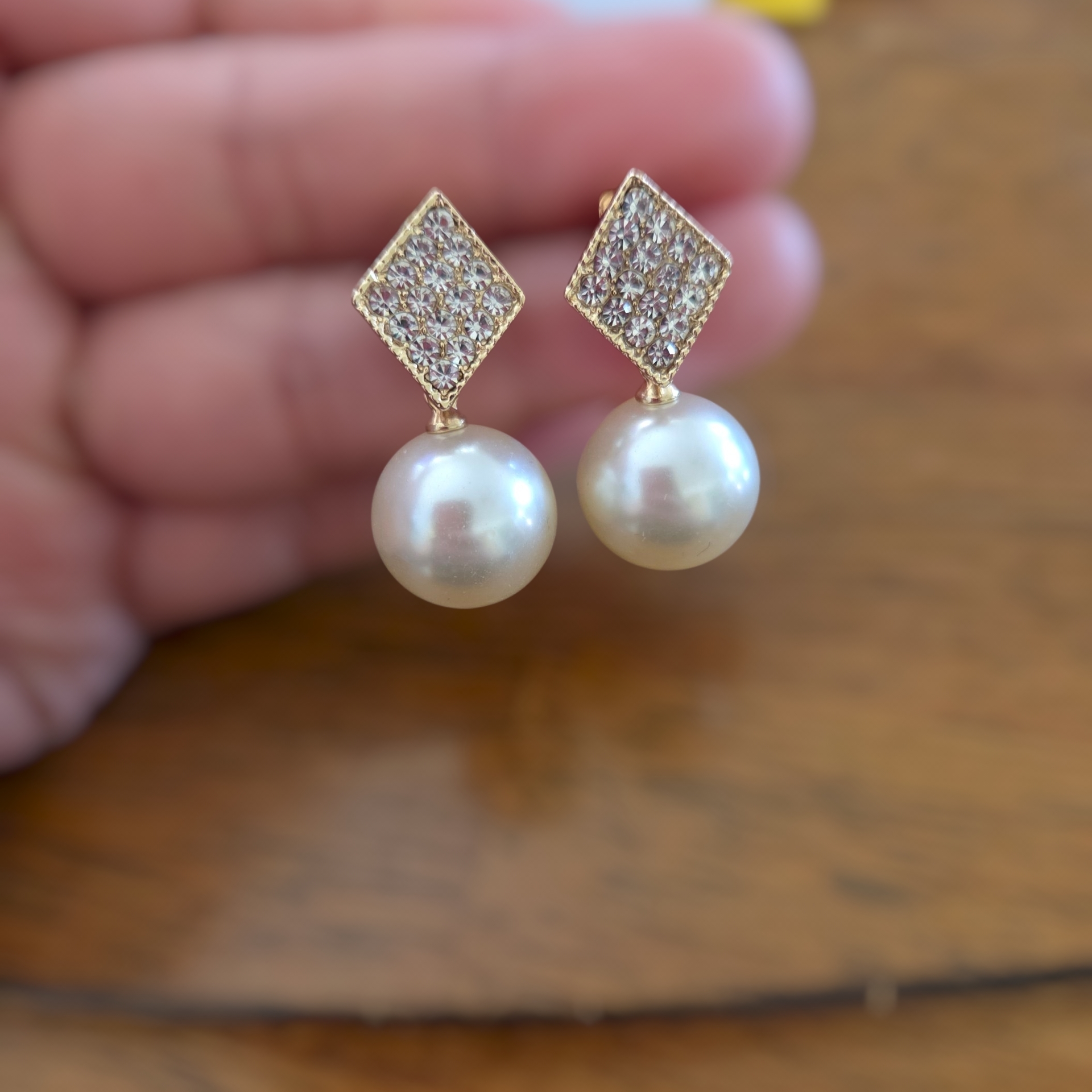 Pastels Clothing Gold Pearl Drop Earrings With Pave Crystal Tops